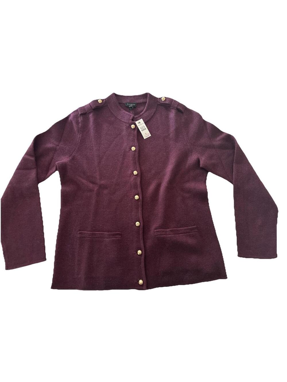 Talbots Military Style Sweater Jacket Size L Burgundy Pure Merino Wool